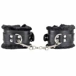 Outlet 🎉 Bondara Black Faux Leather Furry Padlocked Handcuffs 😀